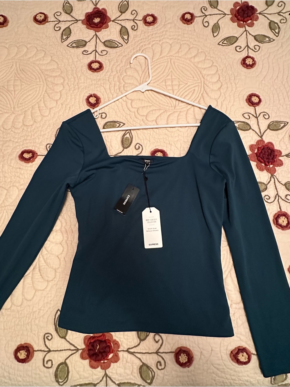 Express Women's Teal Square-Neck Long Sleeve Top — Deep Teal
